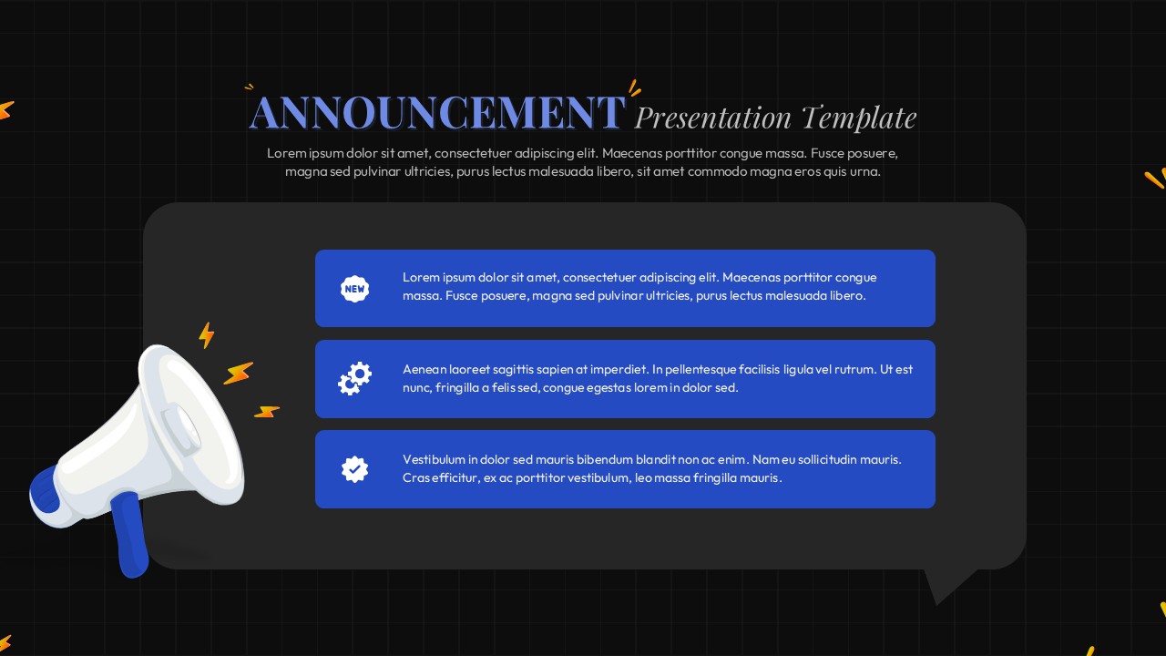 Dark-theme announcement slide with megaphone, amber lightning bolts, and high-contrast blue cards for bold presentations.