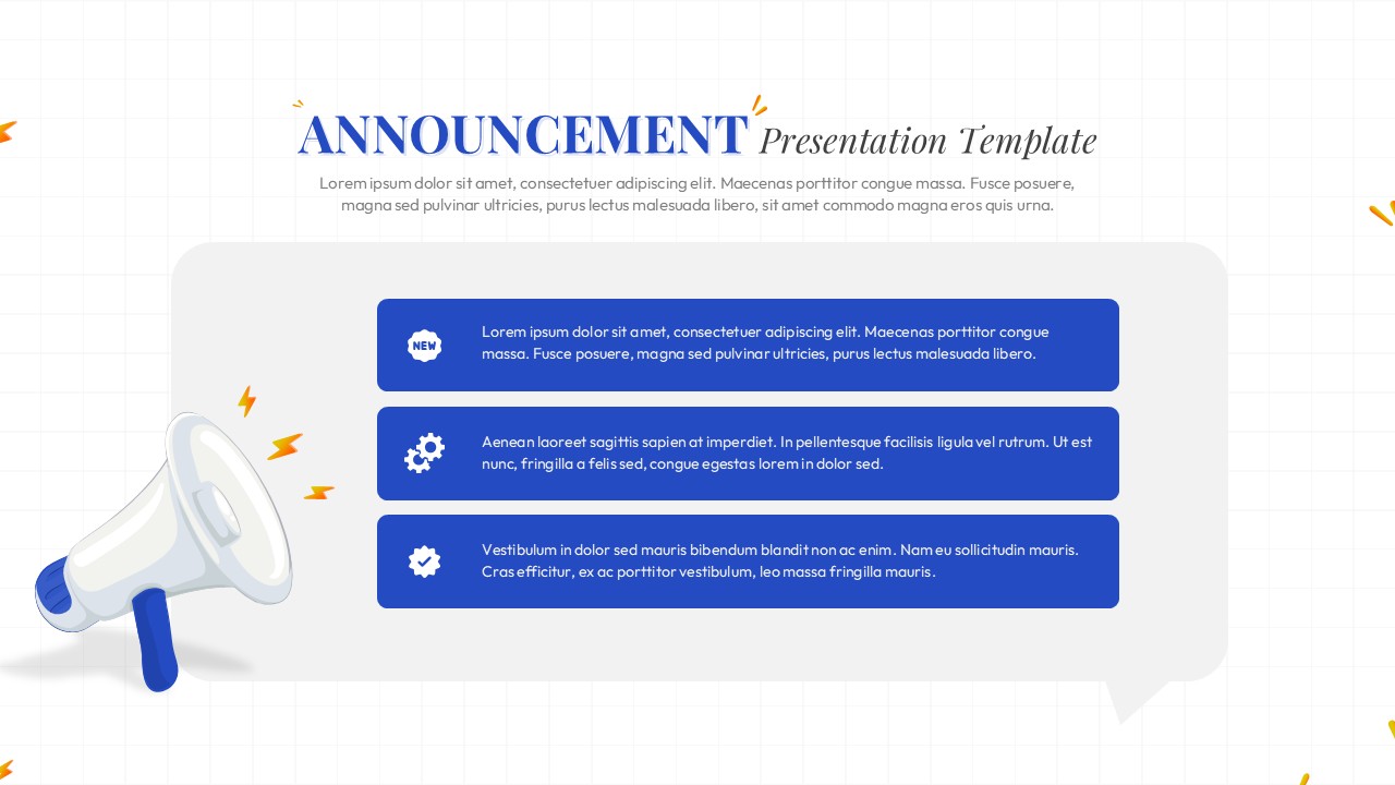 Light-theme announcement slide with 3D megaphone, blue bulletin rows, and icons for corporate news updates.