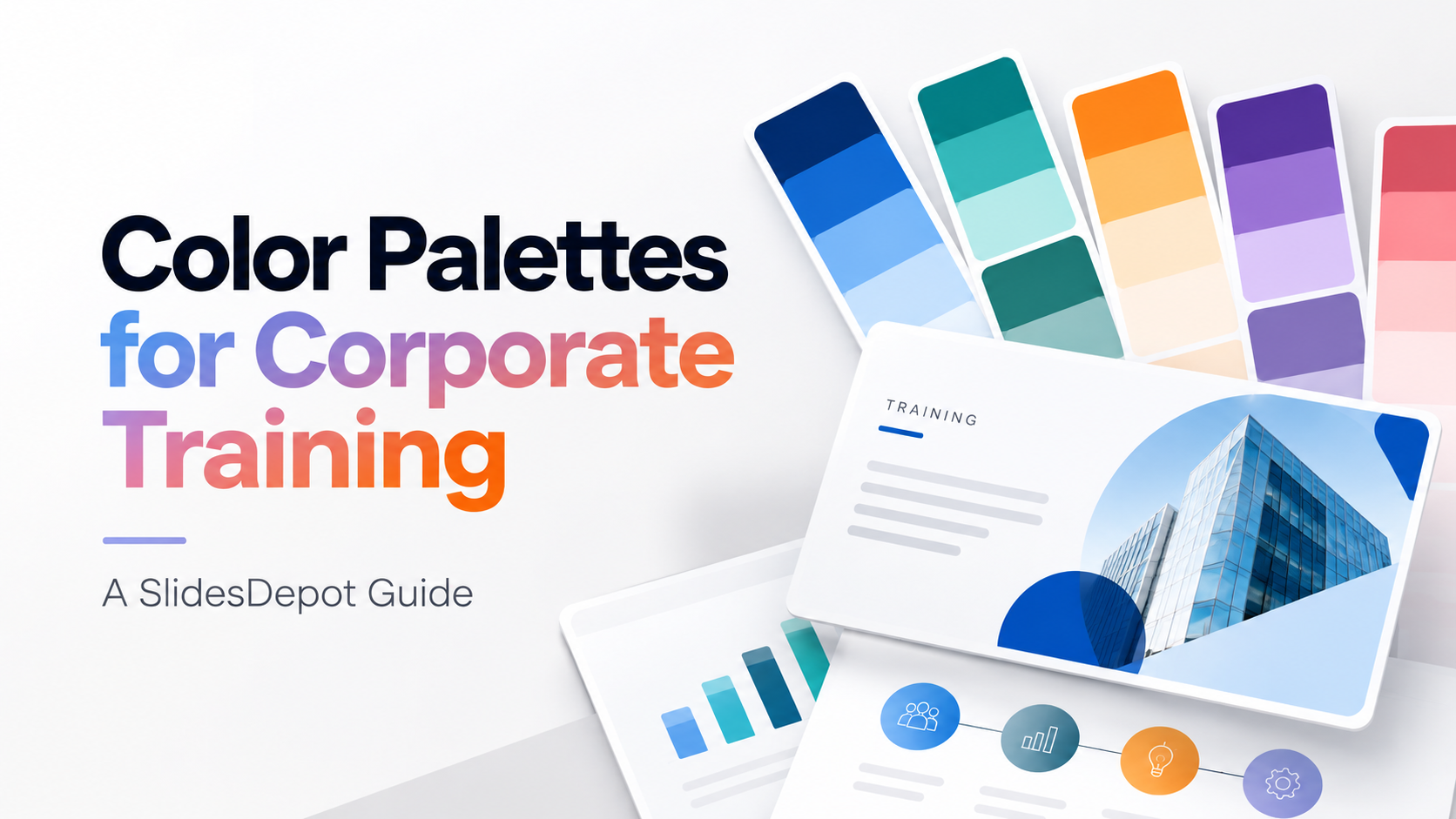 Color palettes for corporate training slide decks featuring presentation cards and color swatches