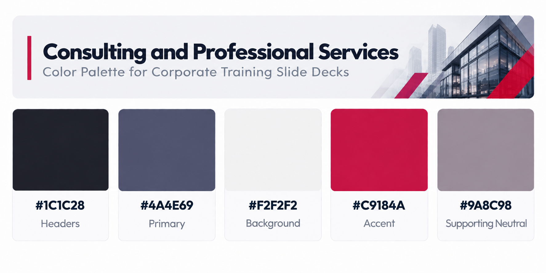 Consulting and professional services color palette for corporate training slide decks featuring dark navy, slate blue, light gray, magenta, and neutral gray colors