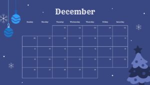 December monthly calendar on royal blue background with holiday decorations