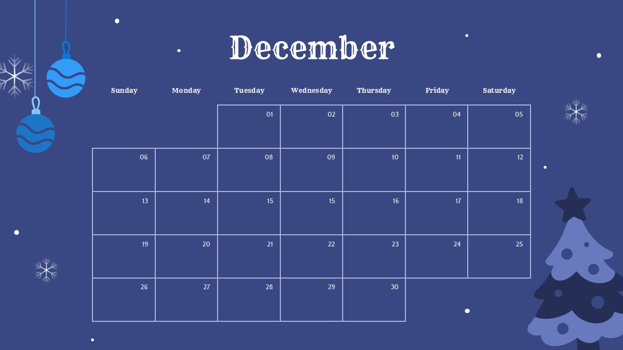 December monthly calendar on royal blue background with holiday decorations
