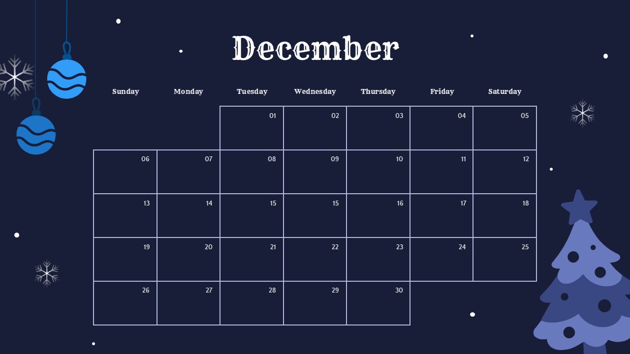 December monthly calendar on dark navy background with Christmas decorations
