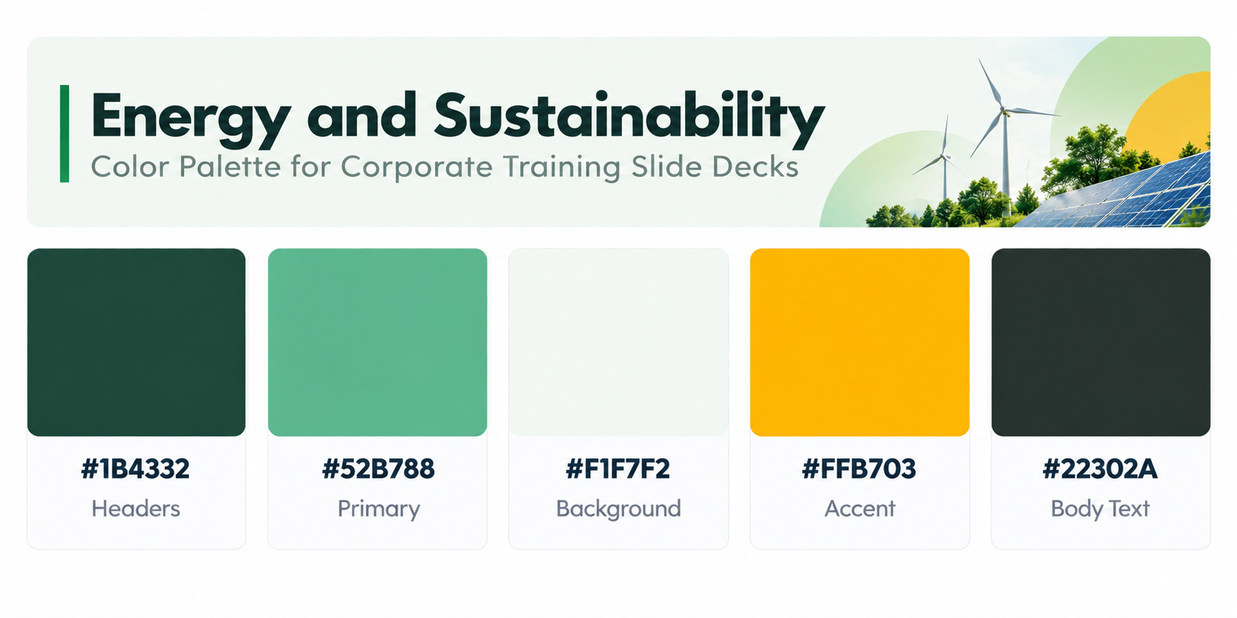 Energy and sustainability color palette for corporate training slide decks featuring dark green, mint green, off-white, yellow, and charcoal colors