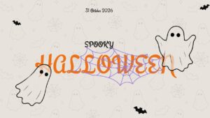 Halloween PowerPoint template with cute ghosts, spider web, and orange HALLOWEEN title on cream background