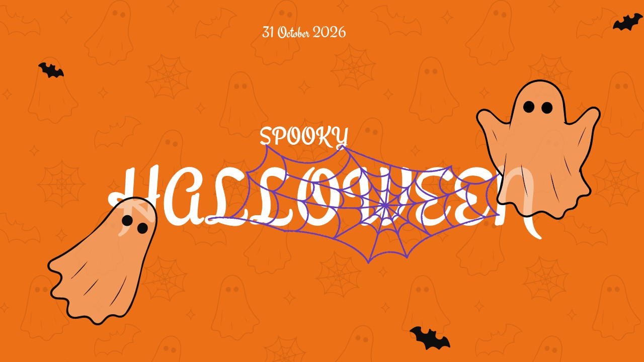 Orange Halloween Google Slides template with white ghost illustrations, spider web graphic, and bold white title text