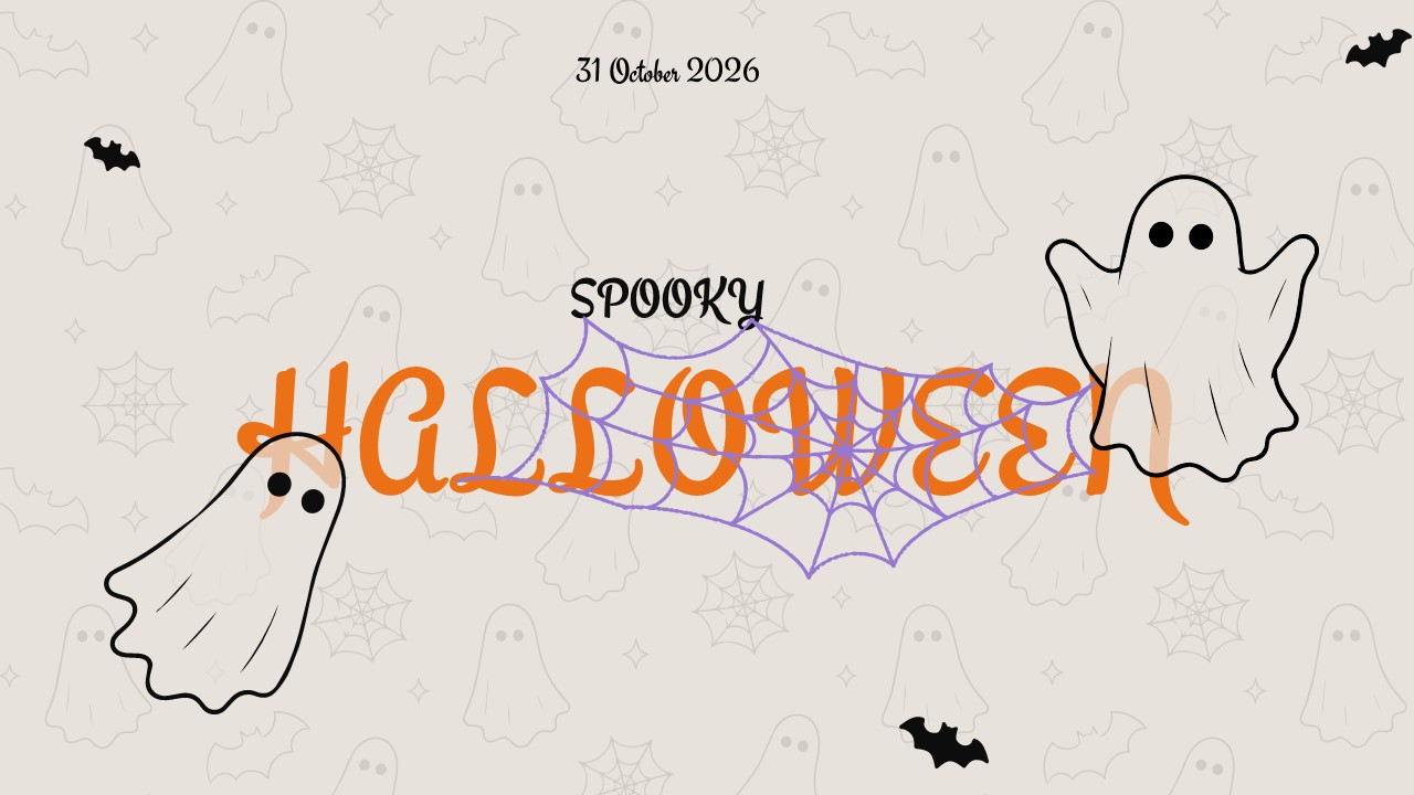 Halloween PowerPoint template with cute ghosts, spider web, and orange HALLOWEEN title on cream background