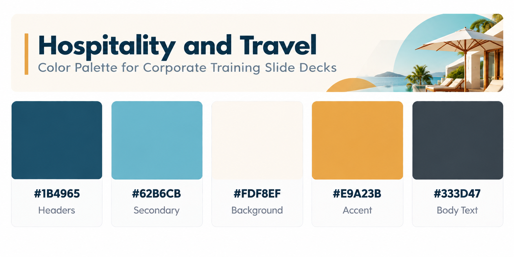 Hospitality and travel color palette for corporate training slide decks featuring deep blue, light blue, cream, golden yellow, and dark gray colors