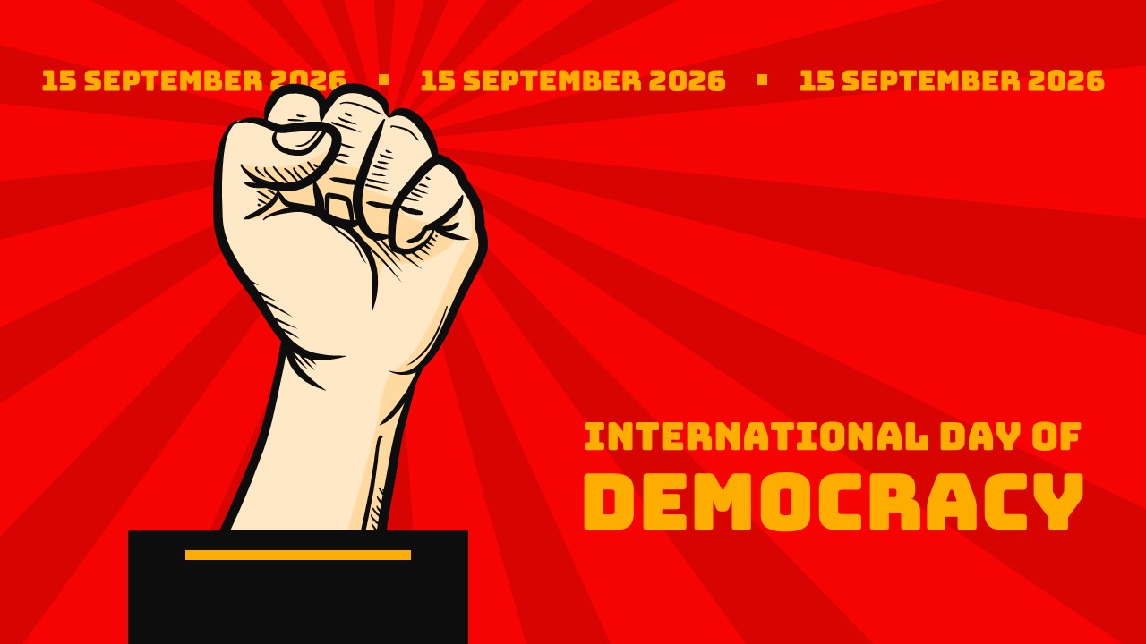 Bright red International Day of Democracy Google Slides template with bold fist illustration and yellow text for Sep 15.