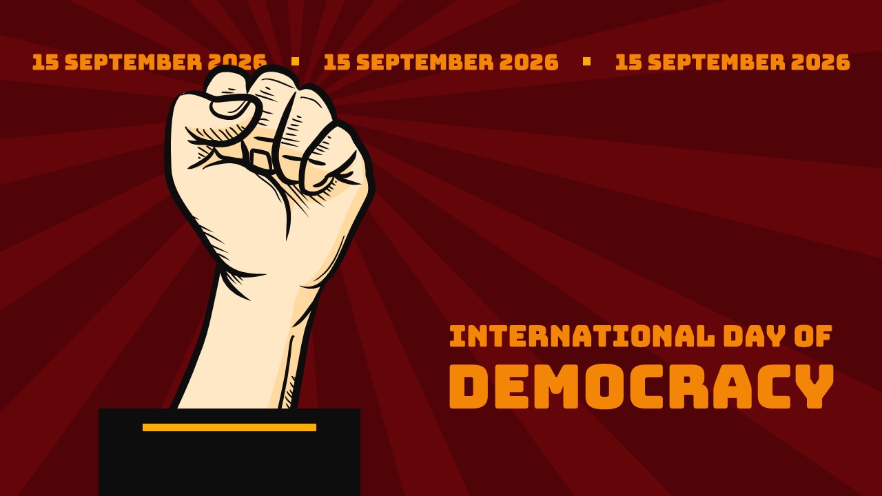 Dark maroon International Day of Democracy PowerPoint template with raised fist and golden text for September 15.