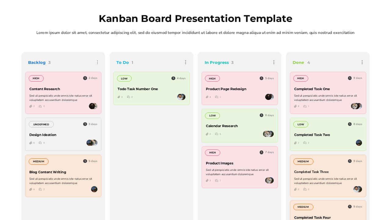 Light theme Kanban board slide - 4 columns: Backlog, To Do, In Progress, Done with color-coded task cards