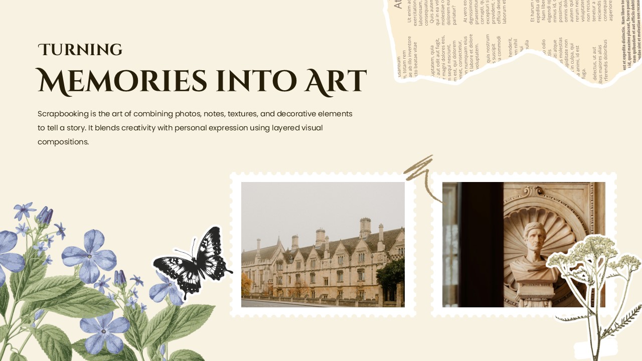 Light Academia Scrapbooking Aesthetic Template - Light Academia Scrapbook Memories Into Art Powerpoint And Google Slides Templates
