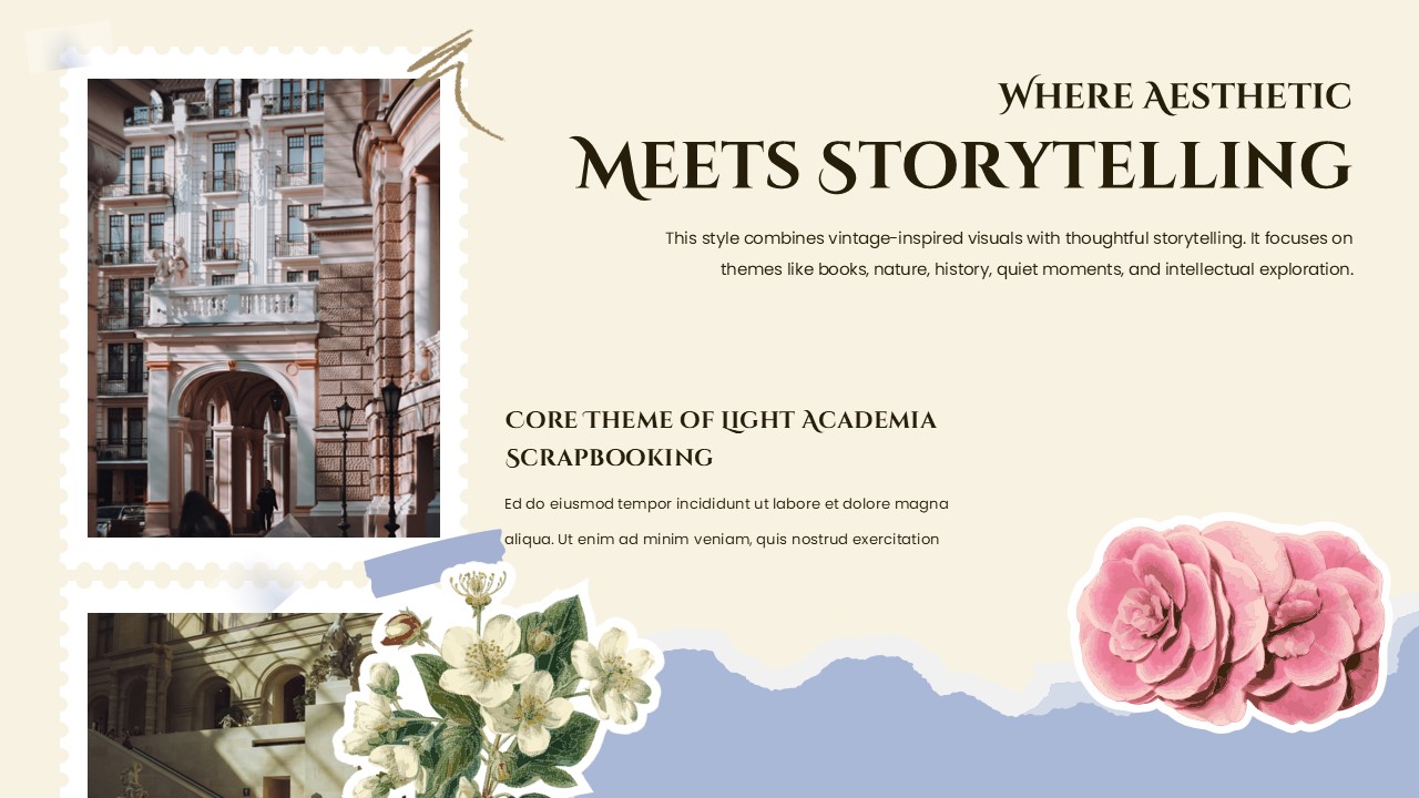 Light Academia Scrapbooking Aesthetic Template - Light Academia Scrapbook Storytelling Theme Powerpoint And Google Slides Templates