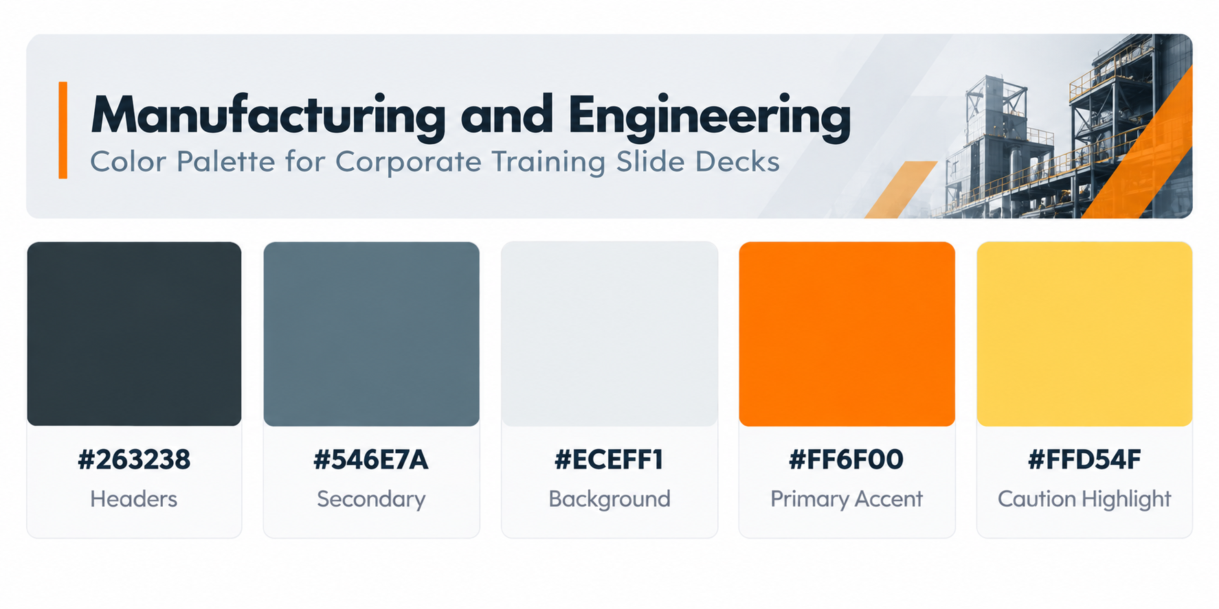 Manufacturing and engineering color palette for corporate training slide decks featuring dark charcoal, gray, light gray, orange, and yellow colors