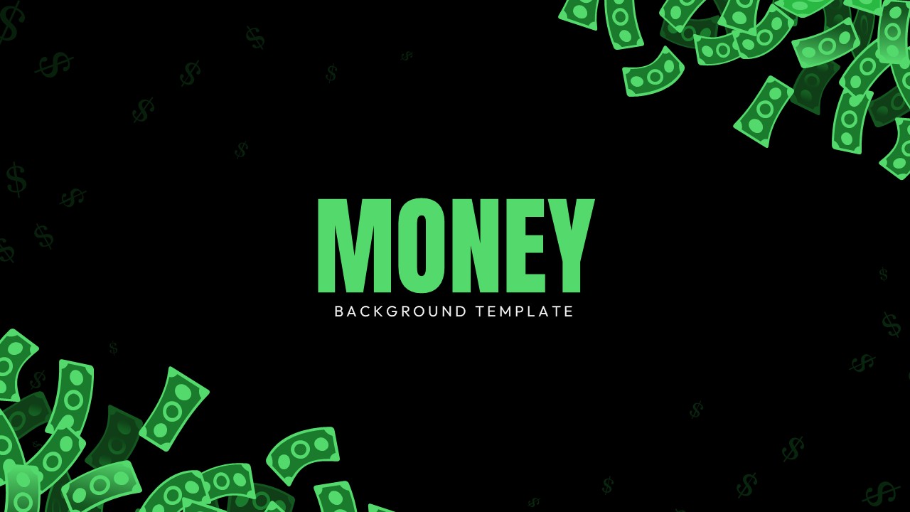Money template cover slide - black background, neon green cartoon bills in corners, bold MONEY headline centered