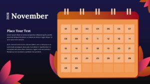 November 2026 autumn calendar slide template with warm orange calendar body and amber-to-burgundy gradient header