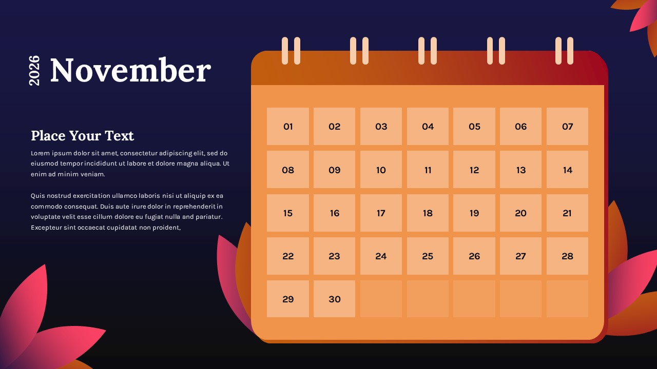 November 2026 autumn calendar slide template with warm orange calendar body and amber-to-burgundy gradient header