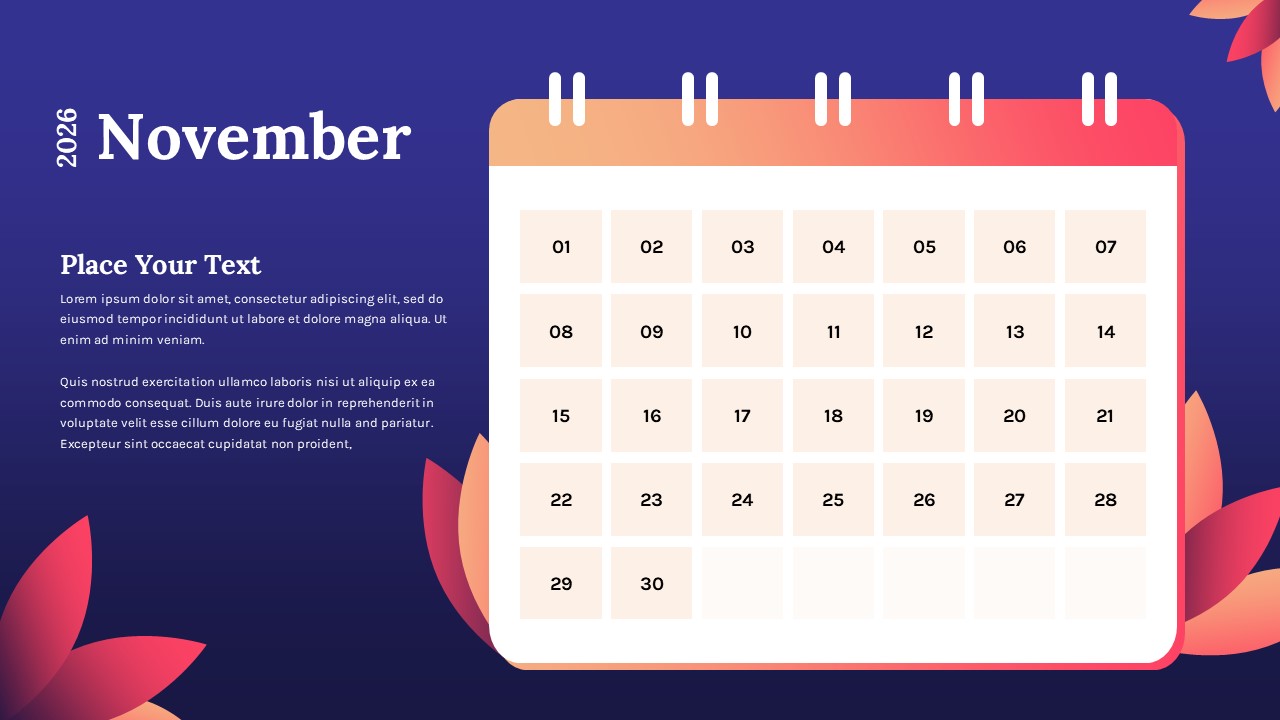 November 2026 calendar PowerPoint template with navy blue background and peach-to-coral calendar header