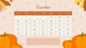Light theme October calendar with pumpkin and fall leaf decorations