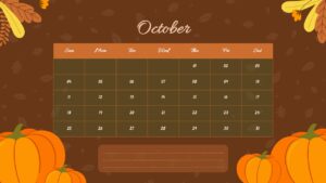 Dark theme October calendar with pumpkins and fall foliage on deep brown