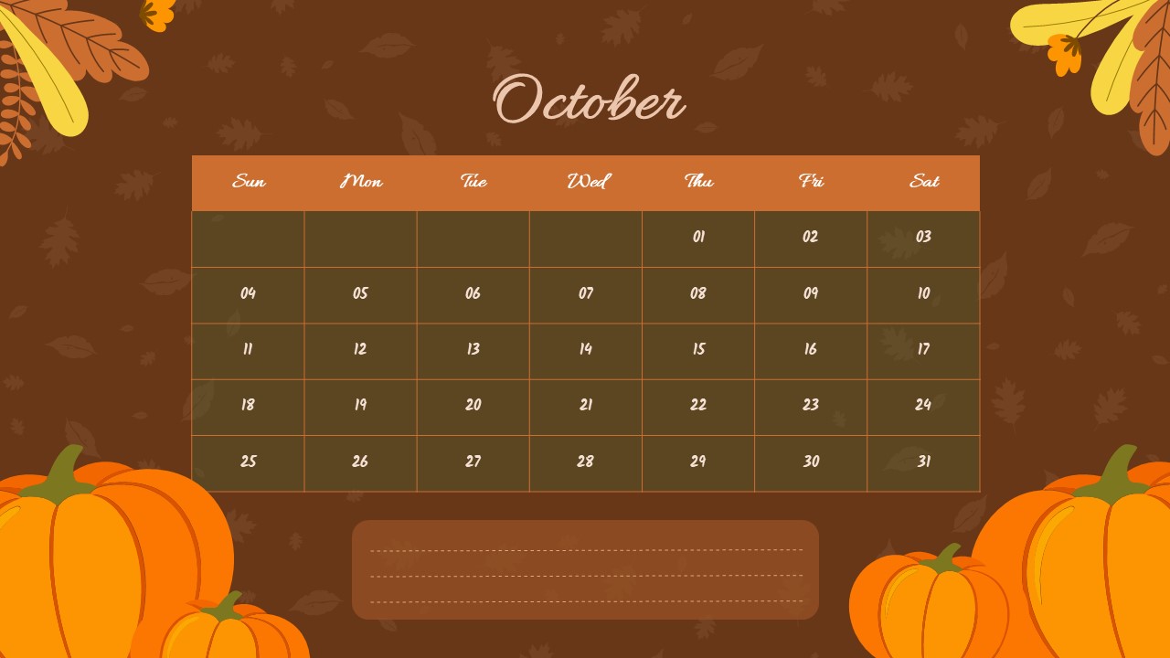 Dark theme October calendar with pumpkins and fall foliage on deep brown