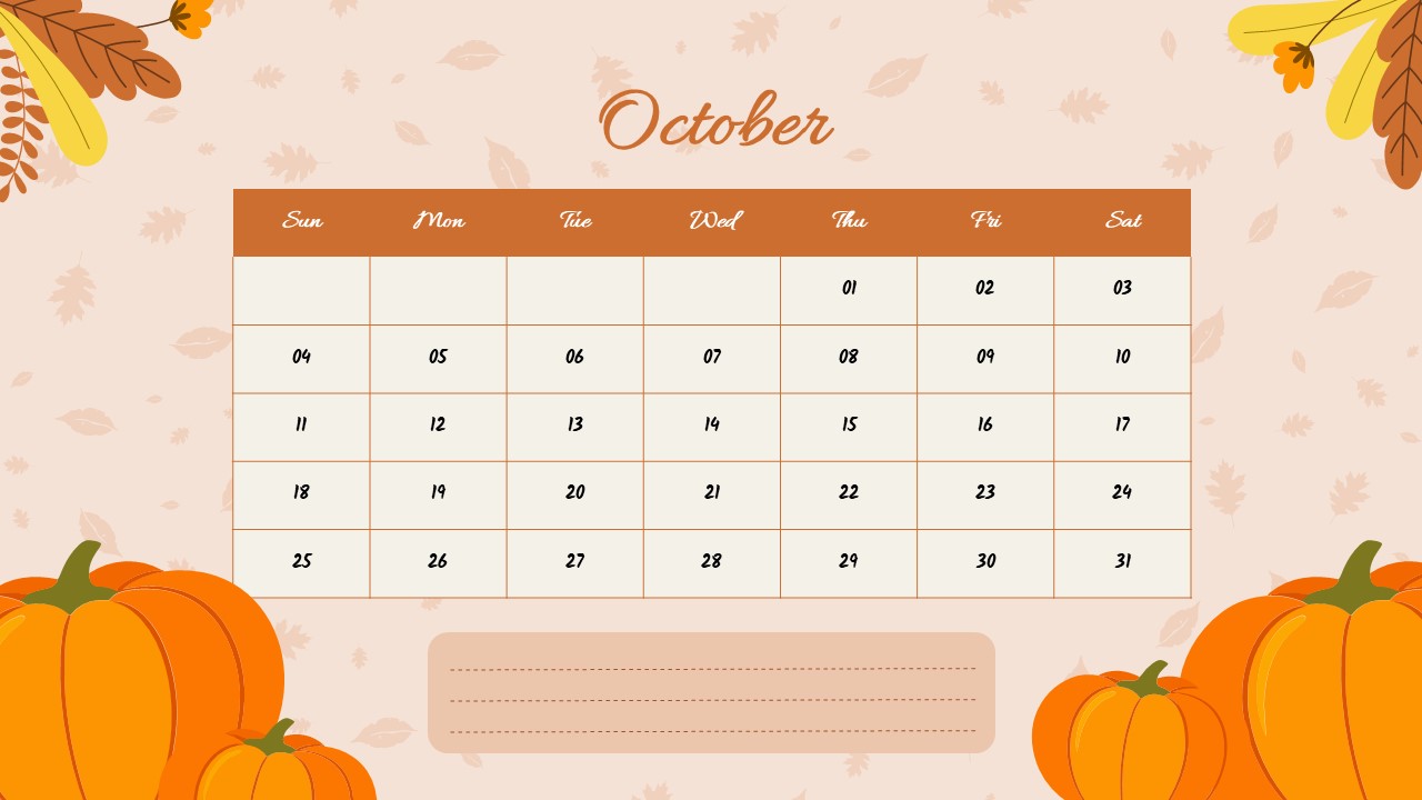 Light theme October calendar with pumpkin and fall leaf decorations