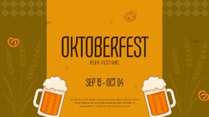 Dark olive and amber Oktoberfest slide variant with beer steins and pretzels for premium craft beer event promotions.