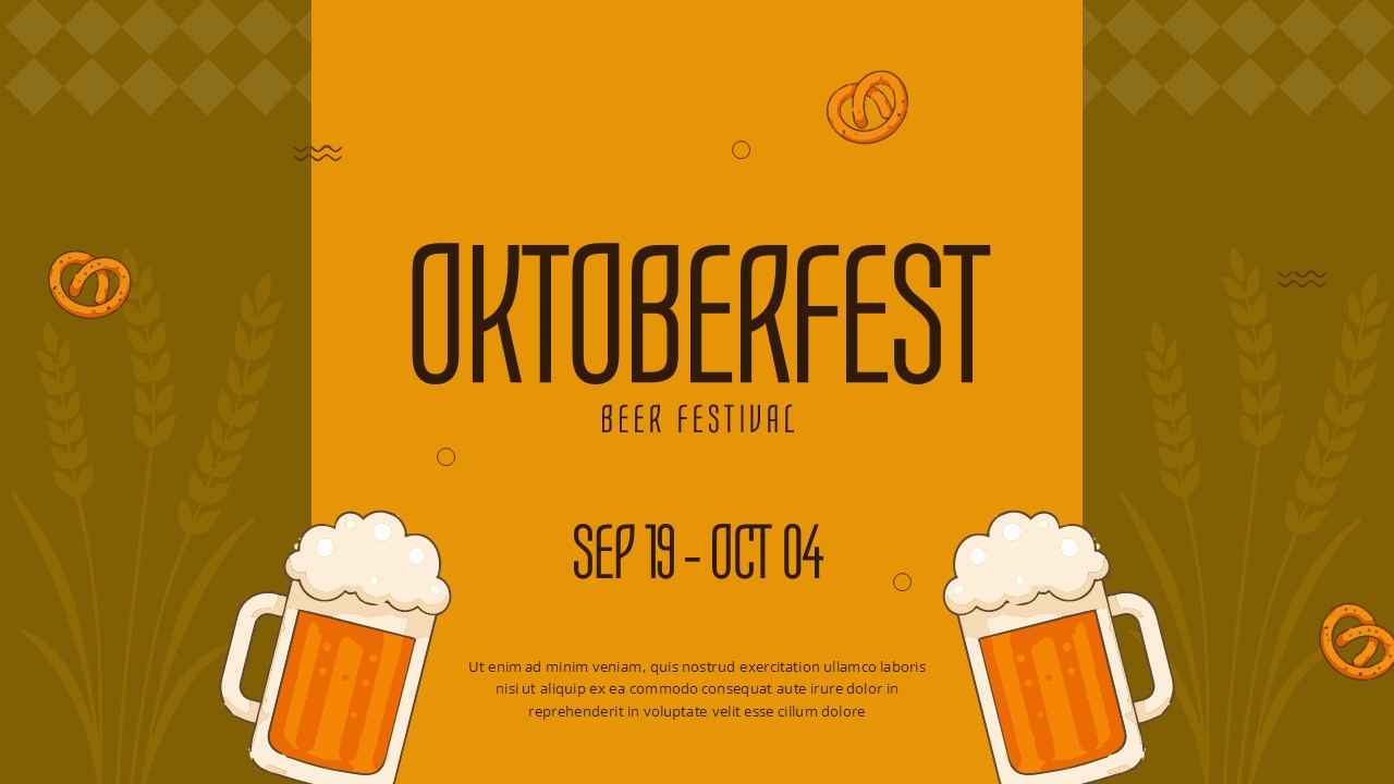 Dark olive and amber Oktoberfest slide variant with beer steins and pretzels for premium craft beer event promotions.
