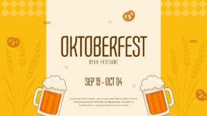 Bright Oktoberfest slide with golden beer steins, pretzels, and Sep 19–Oct 04 date range for festival announcements.