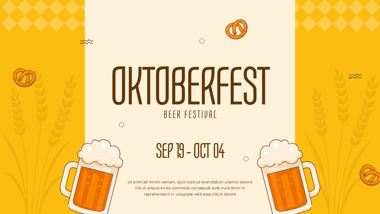 Bright Oktoberfest slide with golden beer steins, pretzels, and Sep 19–Oct 04 date range for festival announcements.