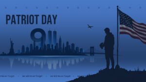 Patriot Day Google Slides template with lighter blue NYC skyline, American flag silhouette, and 9/11 memorial layout.