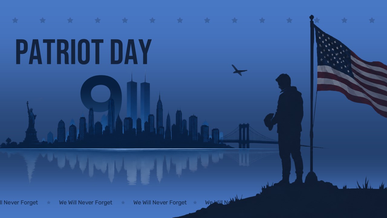 Patriot Day Google Slides template with lighter blue NYC skyline, American flag silhouette, and 9/11 memorial layout.