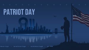 Patriot Day PowerPoint template with dark navy NYC skyline silhouette, American flag, and 9/11 memorial design.