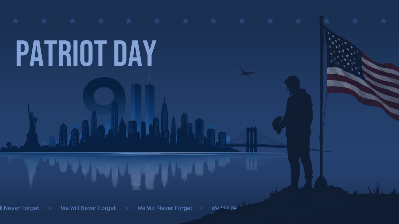 Patriot Day PowerPoint template with dark navy NYC skyline silhouette, American flag, and 9/11 memorial design.