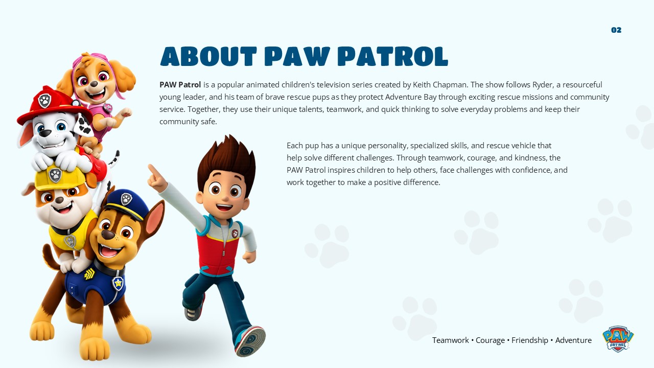 About PAW Patrol slide 02 - two-column layout, character images left, text blocks right, mint background
