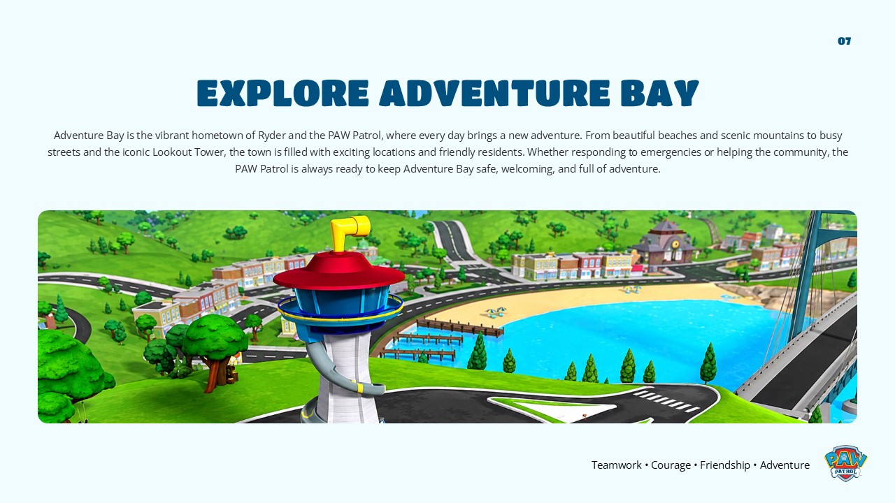 Explore Adventure Bay slide 07 - centered heading, wide paragraph, full-width panoramic scene image, mint background