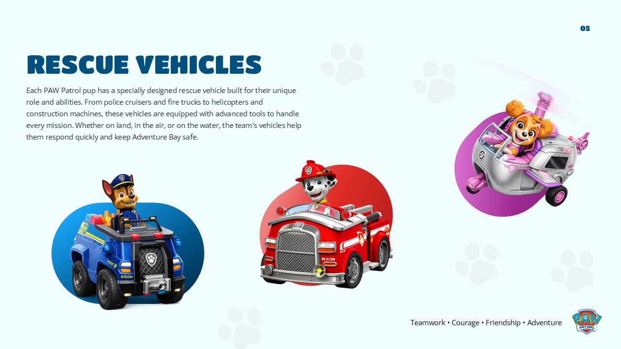 Rescue Vehicles slide 05 - three character-vehicle images, triangular layout, heading and text upper left, mint background