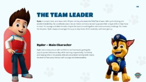 Team Leader profile slide 04 - red rectangle left, character cutout, biography text right, mint background