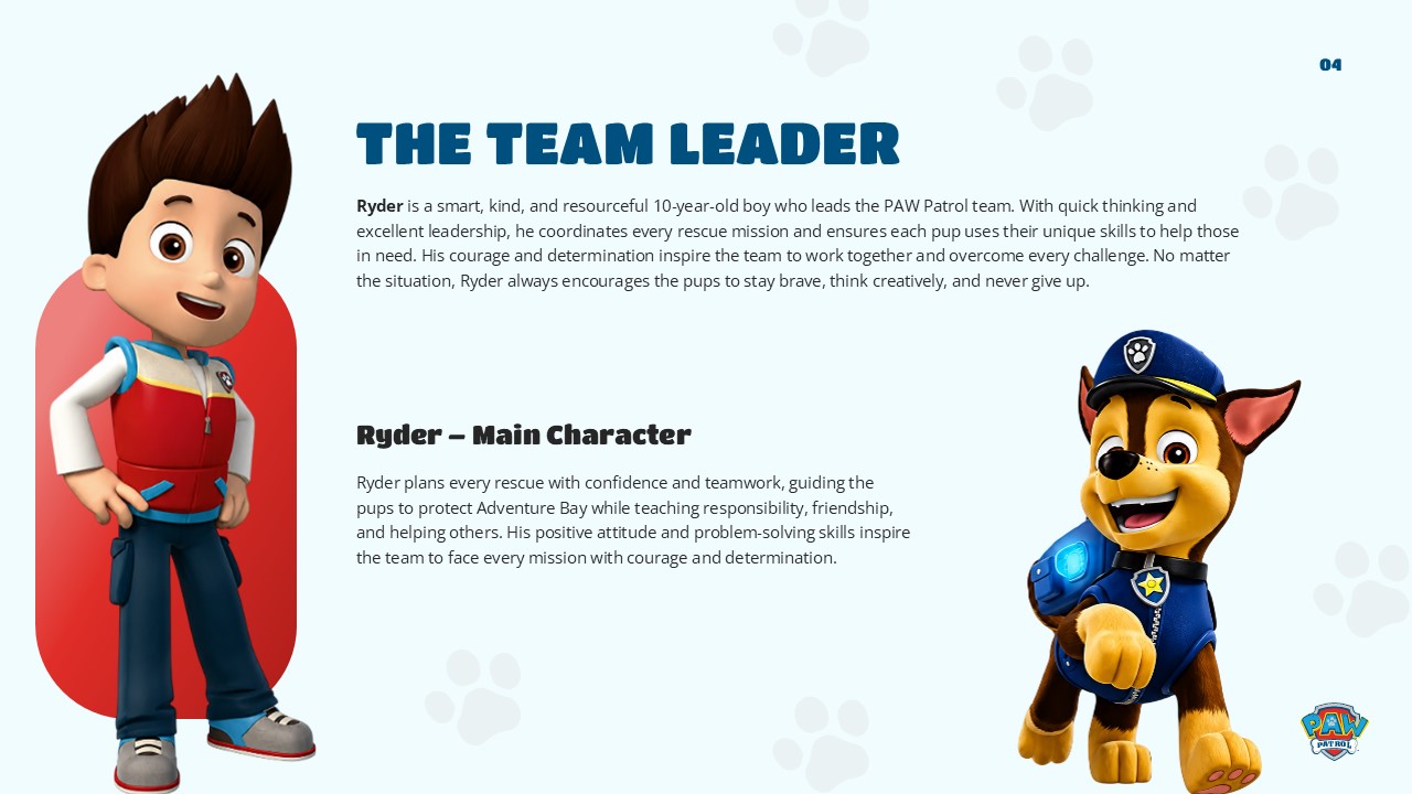 Team Leader profile slide 04 - red rectangle left, character cutout, biography text right, mint background