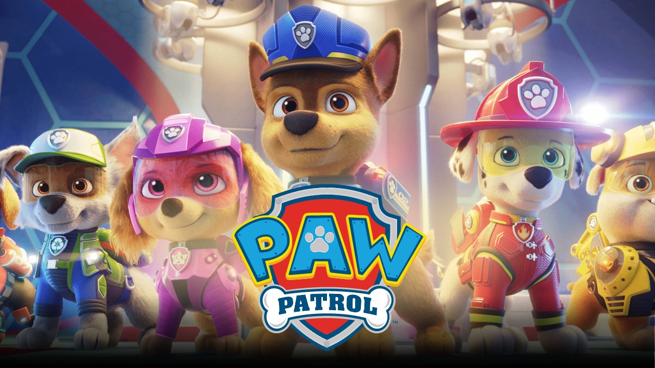 PAW Patrol cover slide - cinematic blue hexagon background, character group foreground, shield logo center