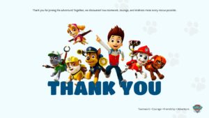Thank You closing slide - large navy THANK YOU text, character group image center, tagline footer, light blue background
