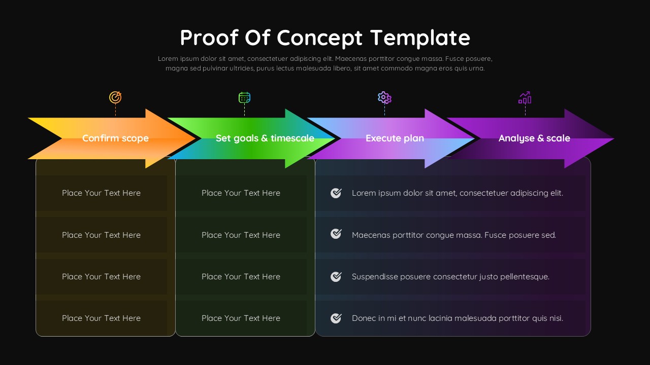 Dark mode proof of concept slide with vibrant 4-step arrow flow for polished business or tech presentations.