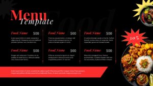 Dark black restaurant menu Google Slides template with red accents, 6 menu items, and elegant food photography.