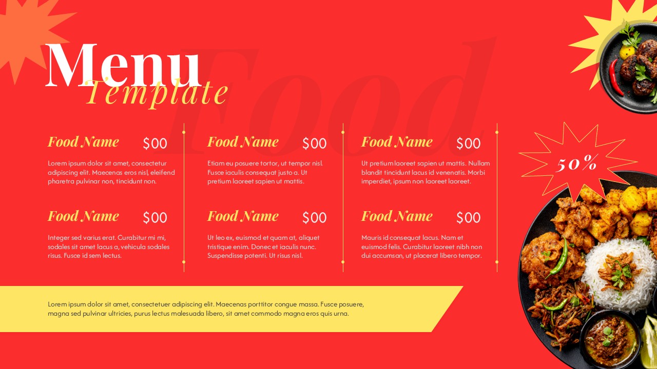 Red restaurant menu PowerPoint template with 6-item grid, food photos, and 50% off promo badge.