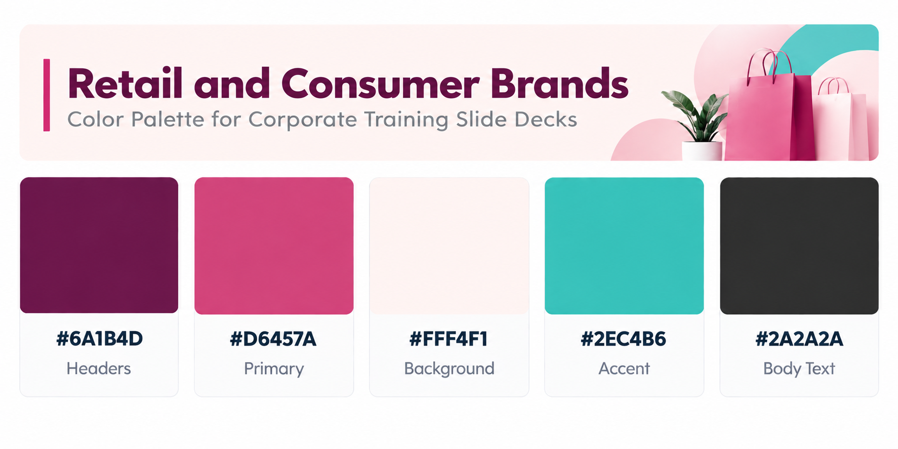 Retail and consumer brands color palette for corporate training slide decks featuring burgundy, pink, soft cream, turquoise, and dark gray colors
