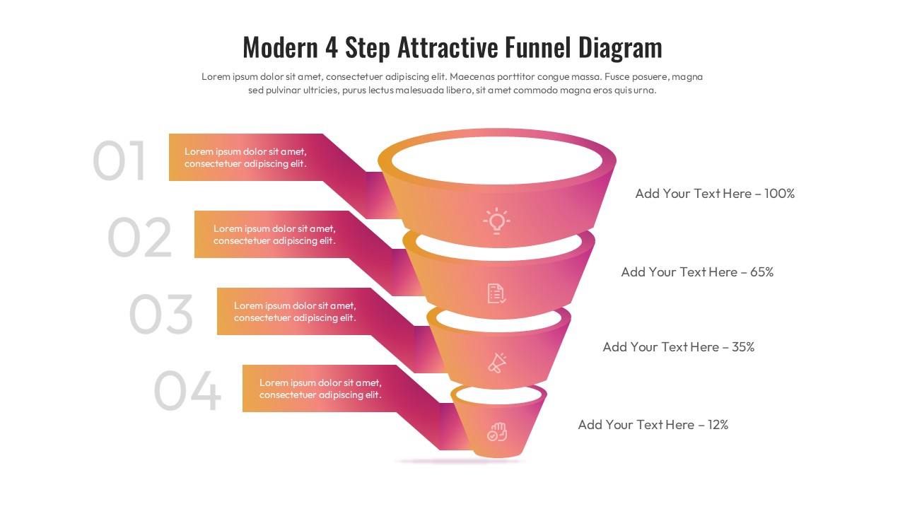 Light theme 4-step marketing funnel diagram slide template for PowerPoint and Google Slides with gradient 3D funnel