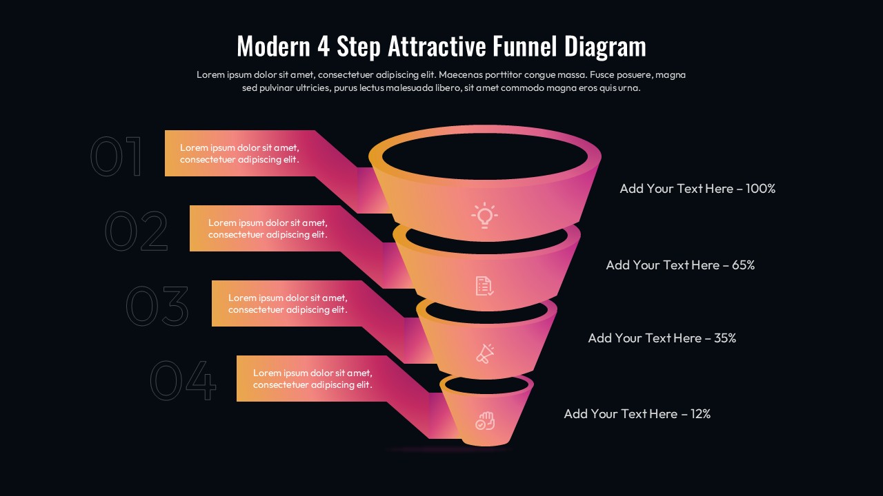 Modern 4-step sales funnel diagram PowerPoint template with dark background and orange-pink gradient 3D funnel