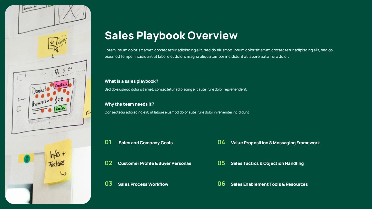 Sales and Company Goals slide with $620K and $1.1M KPI badges and business objectives bullet list on green background.