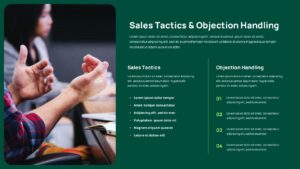 Sales enablement tools and resources slide with 3 lime green feature cards with icons and a technology photo on dark green.