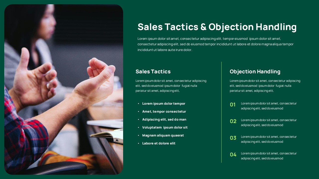 Sales enablement tools and resources slide with 3 lime green feature cards with icons and a technology photo on dark green.